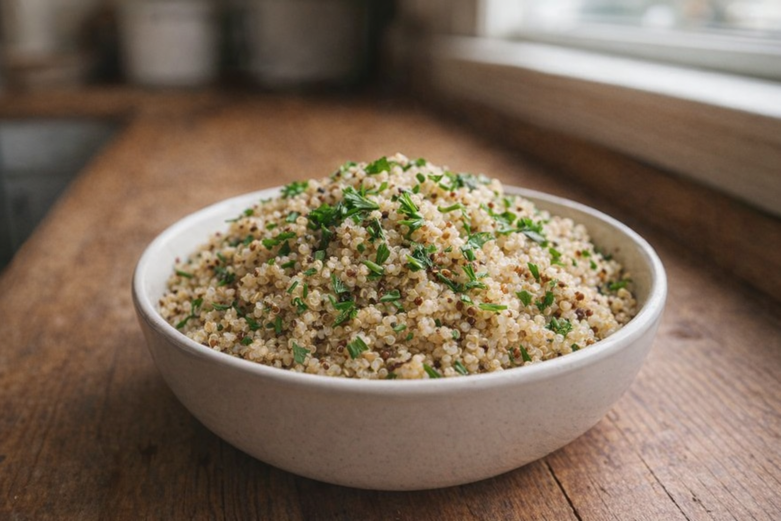 A fluffy bowl of perfectly cooked quinoa, garnished with fresh herbs, presented on a rustic wooden table with soft, natural light